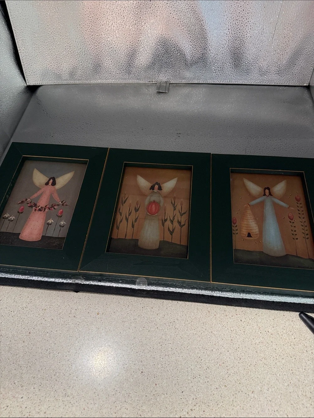 Vintage Set of 3 Angel Wall Art Prints in Green Frames